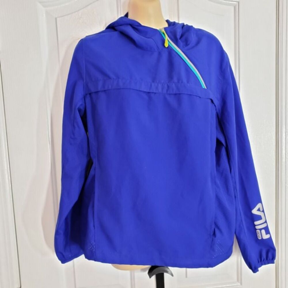 Fila Sport Women's Jacket Cobalt Blue Pullover 1/4 Side Zip Hooded Poly Coat M